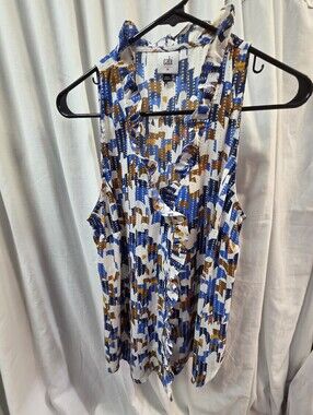 CAbi Blue Brown White Ruffled Sleeveless Button Blouse